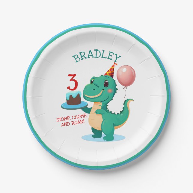 Prato De Papel T Rex Dinosaur - aniversário de 3 anos (Frente)