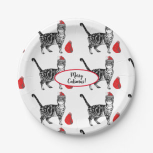 Prato De Papel Tabby Cat Christmas Cats Red White Engraçado