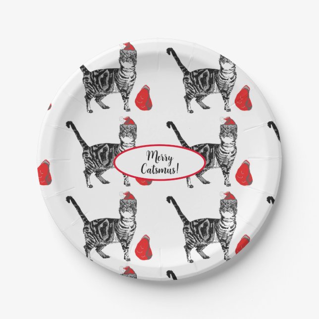 Prato De Papel Tabby Cat Christmas Cats Red White Engraçado (Frente)