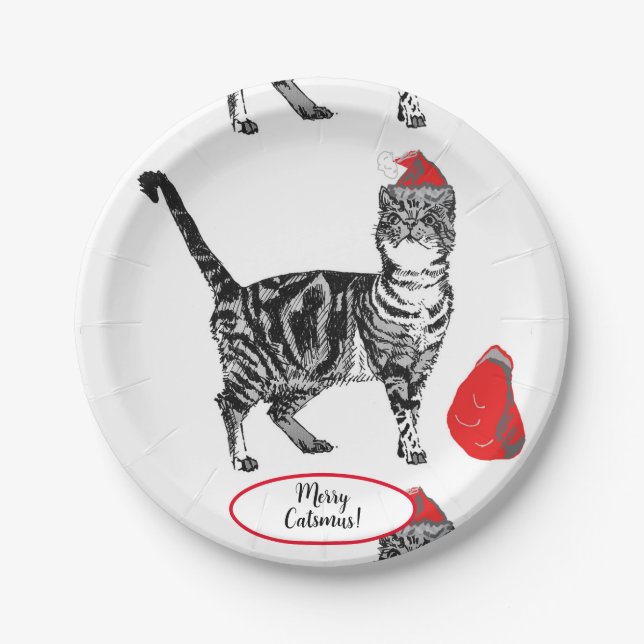 Prato De Papel Tabby Cat Christmas Cats Red White Funny Paper (Frente)