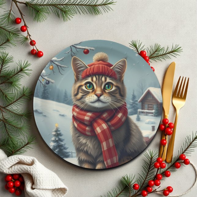 Prato De Papel Tabby Cat em Preppy Winter Attyre and Hat (Criador carregado)