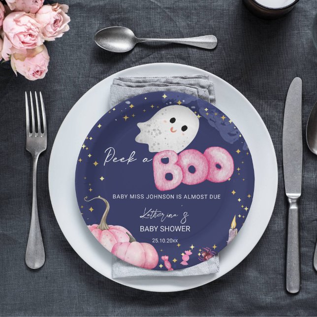 Prato De Papel Tábua de chá de fraldas do Halloween espiar um boi (Halloween peek a boo baby shower tableware personalized plates cute pink baby ghost starry night)