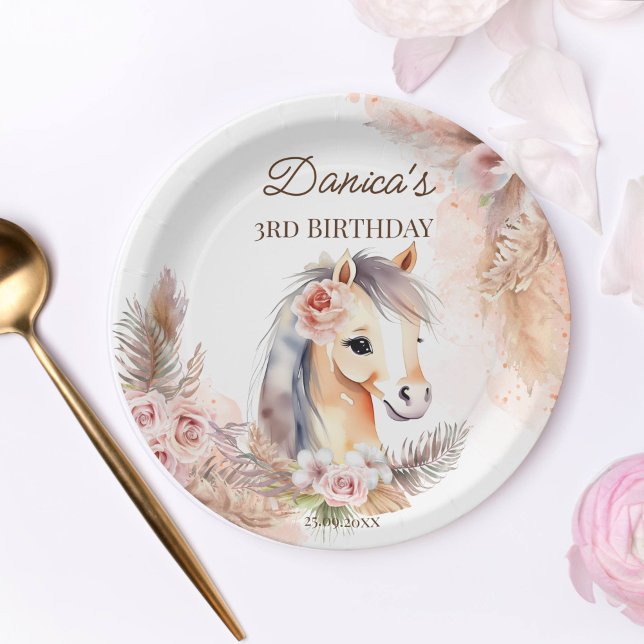 Prato De Papel Tabuleiro com festa de aniversário temático de cav (Horse themed birthday party supplies personalized paper plates cute baby horse pastel roses pampas)