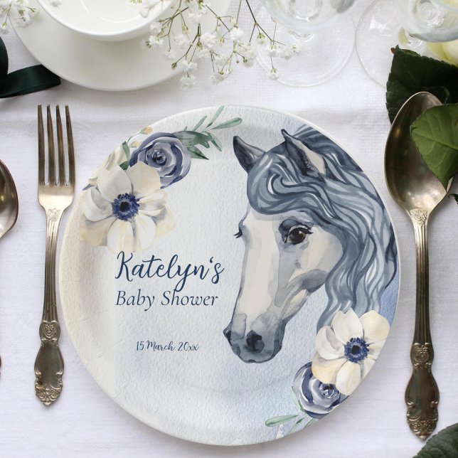 Prato De Papel Tabuleiro de chá de fraldas de galinha (Horse themed baby shower personalized plates beautiful watercolor horse portrait with flowers)