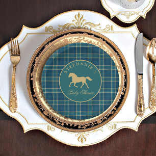 Prato De Papel Tartan Plaid Clássico Chá de Bebê Equestre de Cava