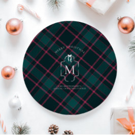 Prato De Papel Tartan Verde e Rosa | Natal com Monograma Personal
