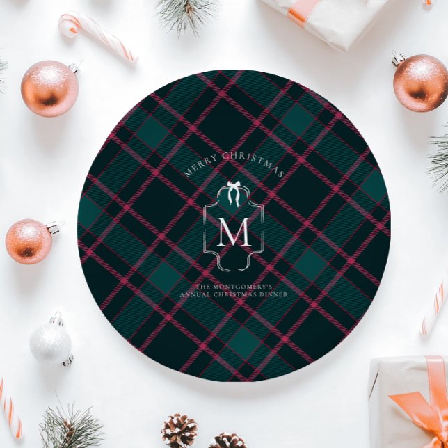 Prato De Papel Tartan Verde e Rosa | Natal com Monograma Personal (Criador carregado)