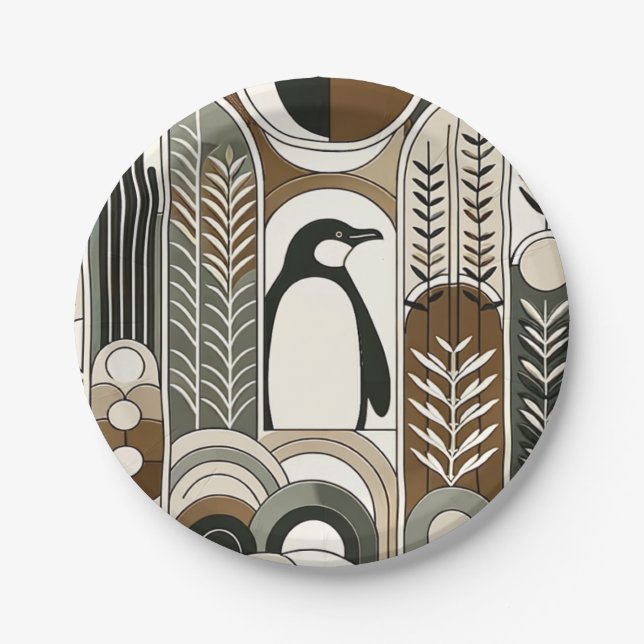 Prato De Papel Taupe Mocha Abstrato Grain Arcs Pattern Penguin (Frente)