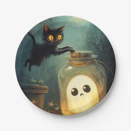 Prato De Papel Te peguei - Gato Halloween e Fantasma