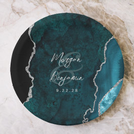 Prato De Papel Teal Blue Agate Silver Script Wedding