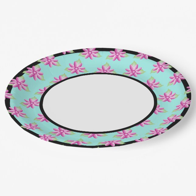 Prato De Papel Teal Brilhante com Flores Rosa Acentuadas em Preto (Inclinado)