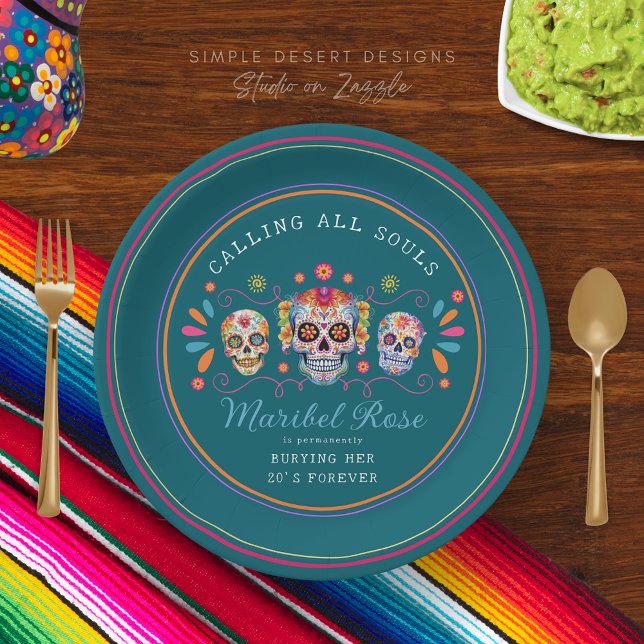 Prato De Papel Teal Caladera Day of the Dead Sugar Skull Aniversá (Teal bright colorful caladera day of the dead sugar skull birthday party paper plates with flowers)