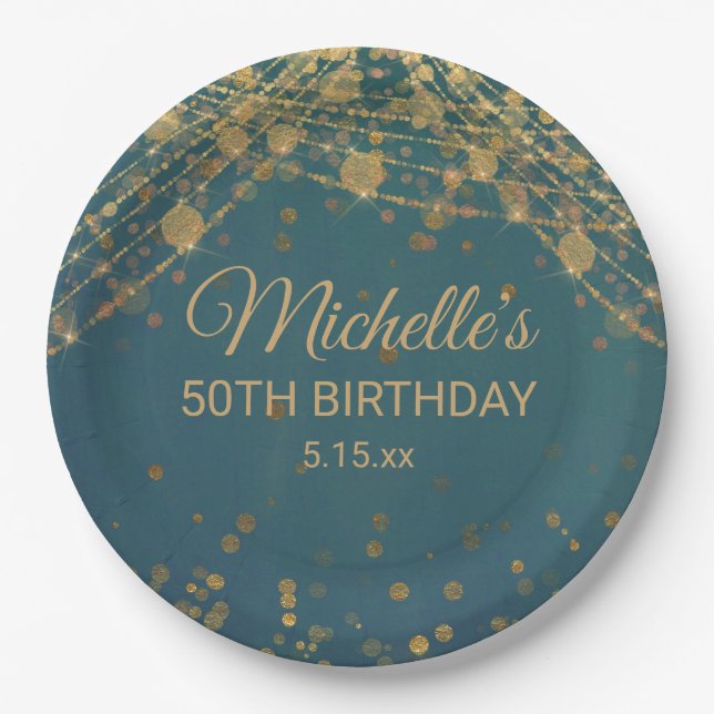 Prato De Papel Teal Dourada String Luz Brilhante Aniversário Do A (Frente)