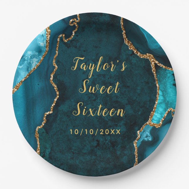 Prato De Papel Teal e Dourada Agate Marble Sweet 16 (Frente)
