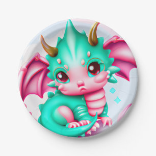 Prato De Papel Teal e Dragão Bebê Rosa-Rosa-Cons
