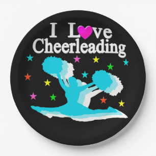 PRATO DE PAPEL TEAL E NEGRO EU AMO PLACAS DE PAPEL CHEERLEADING