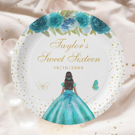 Prato De Papel Teal Floral Dark Skin Princess Sweet