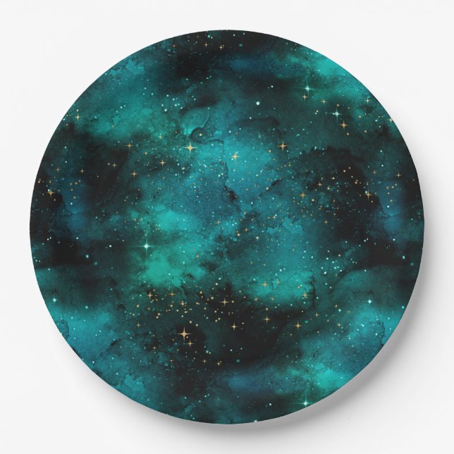 Prato De Papel Teal Galaxy Series Design 1 (Frente)
