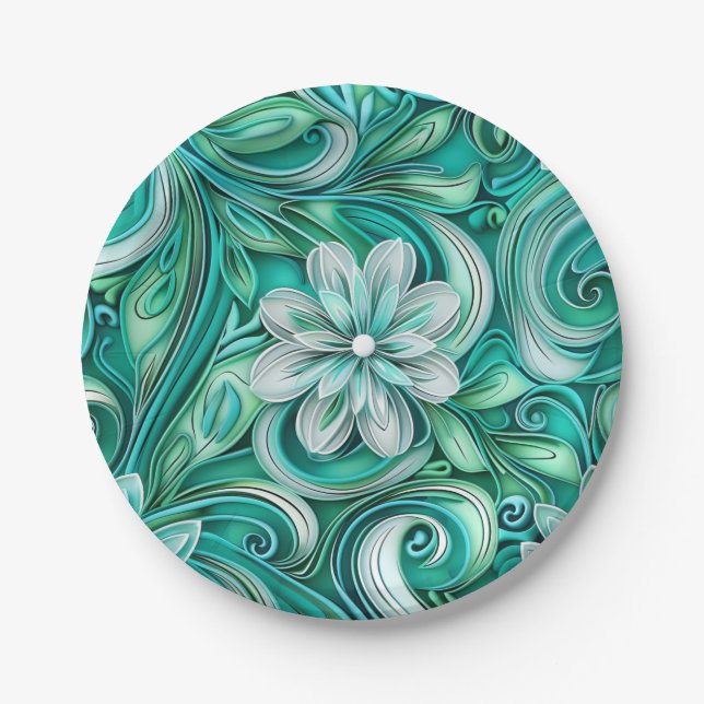 Prato De Papel Teal paper flower seamless pattern  (Frente)