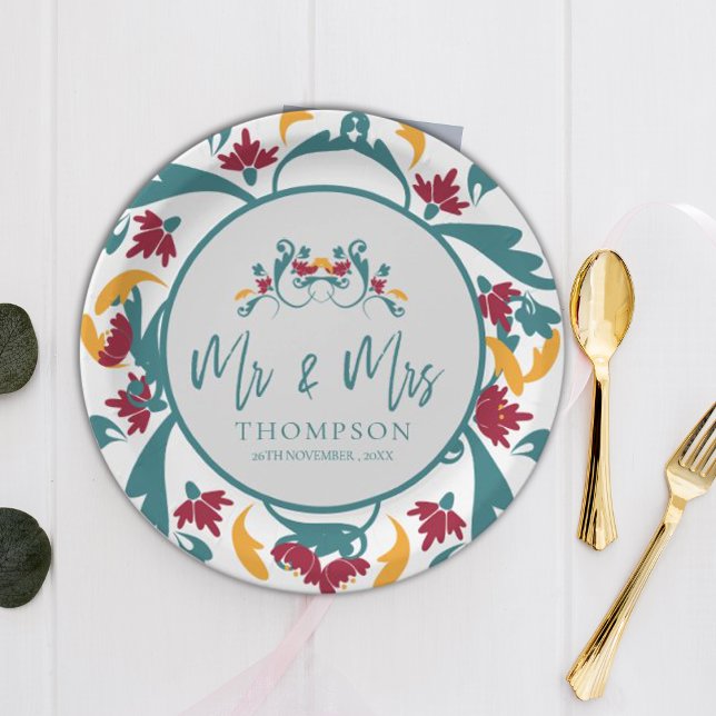 Prato De Papel Teal Red Ornamental Sr. Festa de casamento (Teal Red Ornamental Mr Mrs Name Wedding Party Paper Plates)