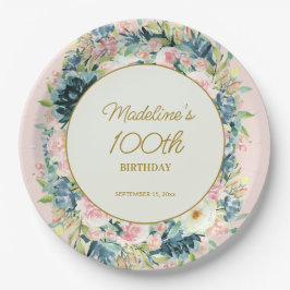 Prato De Papel Teal Rosa Vintage Botânico Floral 100º Aniversário