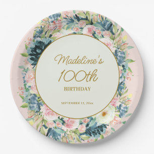 Prato De Papel Teal Rosa Vintage Botânico Floral 100º Aniversário