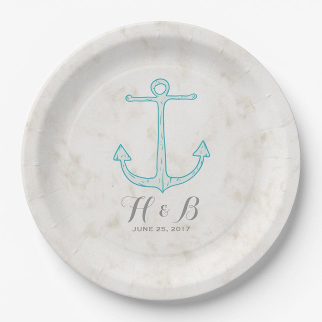 Prato De Papel Teal Rustic Anchor Wedding (Frente)