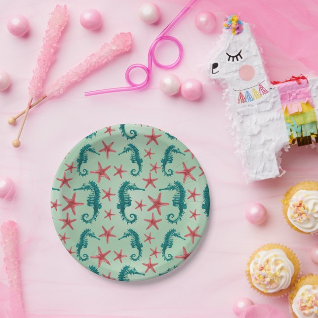 Prato De Papel Teal Seacavalo Pattern (Festa)