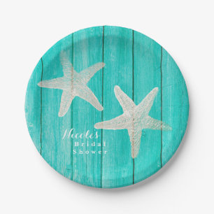 Prato De Papel Teal Wood & Starfish Praia Elegante Tropical Chic