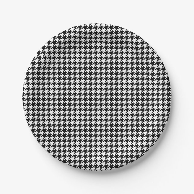 Prato De Papel Tecido Xadrez Houndstooth Preto Branco (Frente)