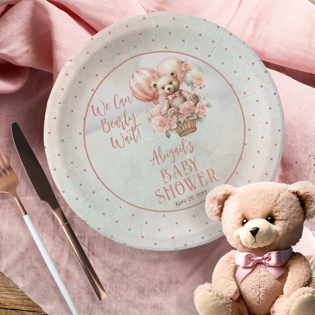 Prato De Papel Teddy Bear Balloons Girl Bearly Chá de fraldas de  (Teddy Bear in a Hot Air Balloon with Pink Flowers  Girl Baby Shower Paper Plates)