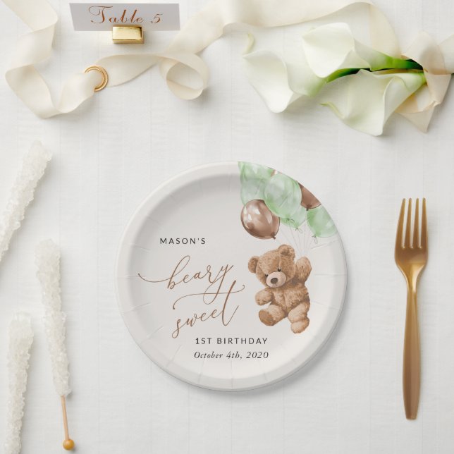 Prato De Papel Teddy Bear, Balões Verdes, Primeiro Aniversário (Casamento)