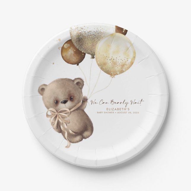 Prato De Papel Teddy Bear Brown e Dourado Chá de fraldas Boho (Frente)