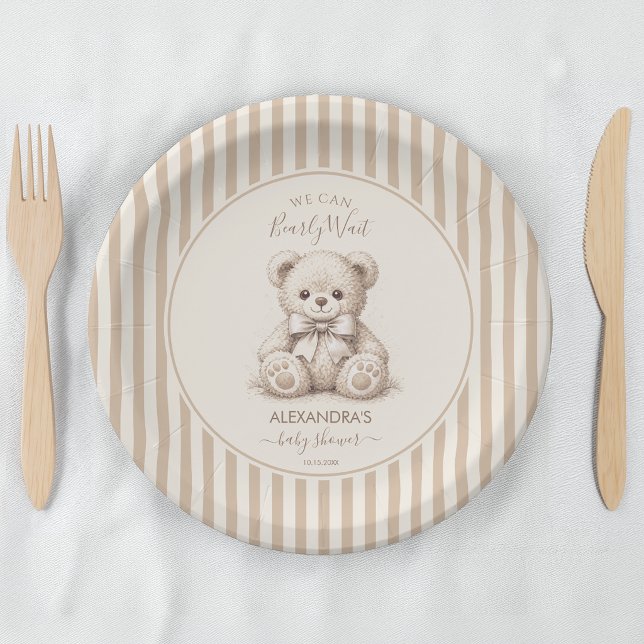 Prato De Papel Teddy Bear & Brown Listras Urgente Chá de Bebê (Criador carregado)