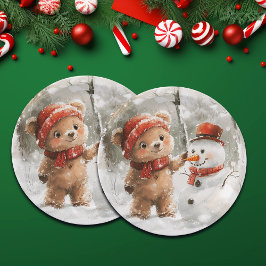 Prato De Papel Teddy Bear e Snowman