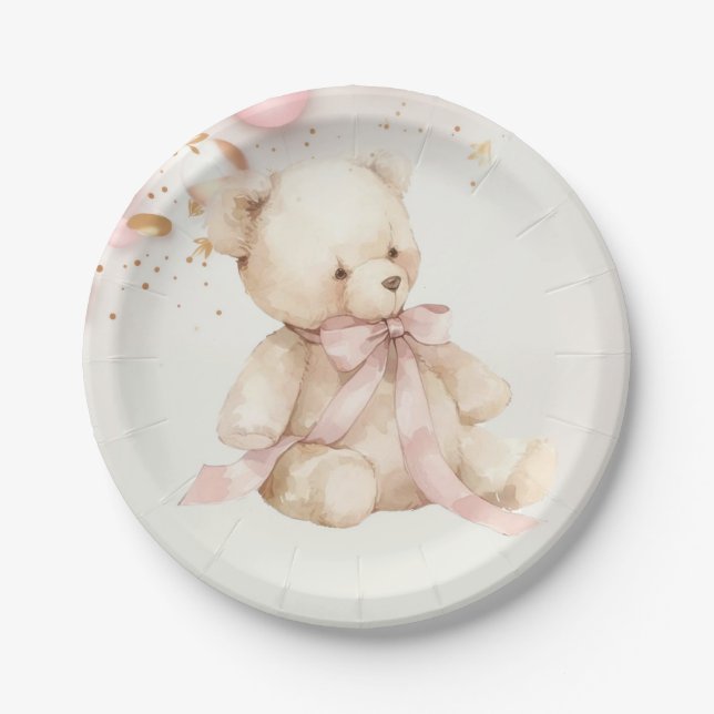 Prato De Papel Teddy Bear Pink Champagne Gold Party Plates (Frente)