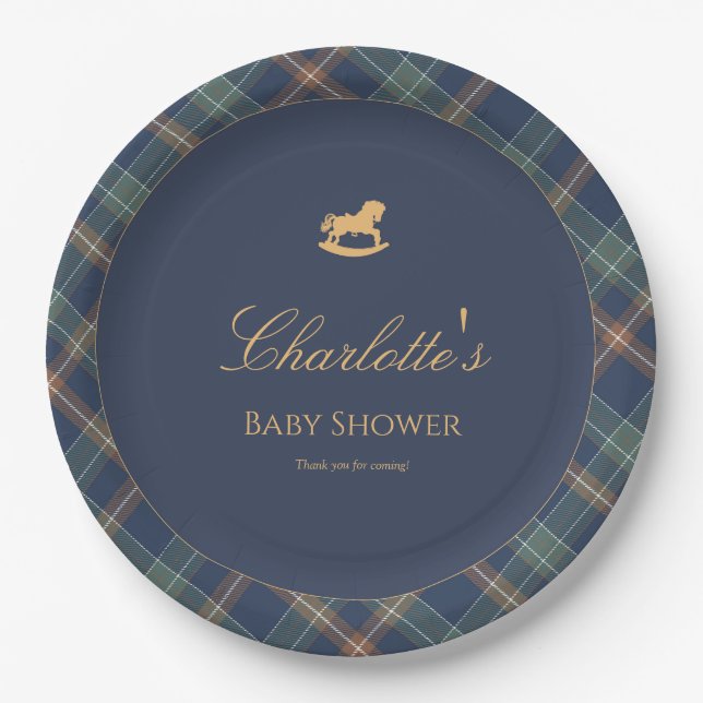 Prato De Papel Teddy Bear Plaid Boy Baby Shower Paper Plate (Frente)