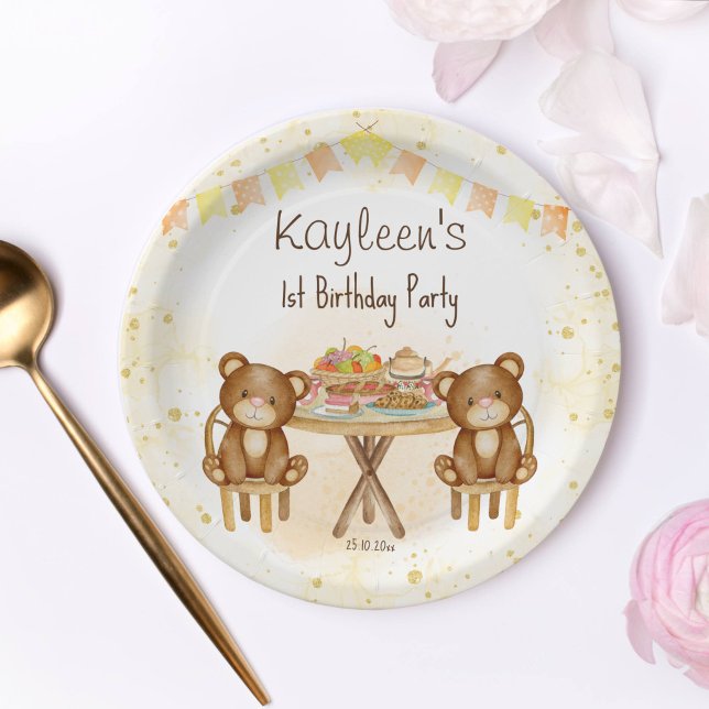 Prato De Papel Teddy urge festa de aniversário piquenique (Teddy bear picnic birthday tableware personalized plates cute teddy bears at the table)
