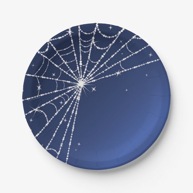 Prato De Papel Teia de Aranha Diamantada Azul e Branco Brilhante (Frente)
