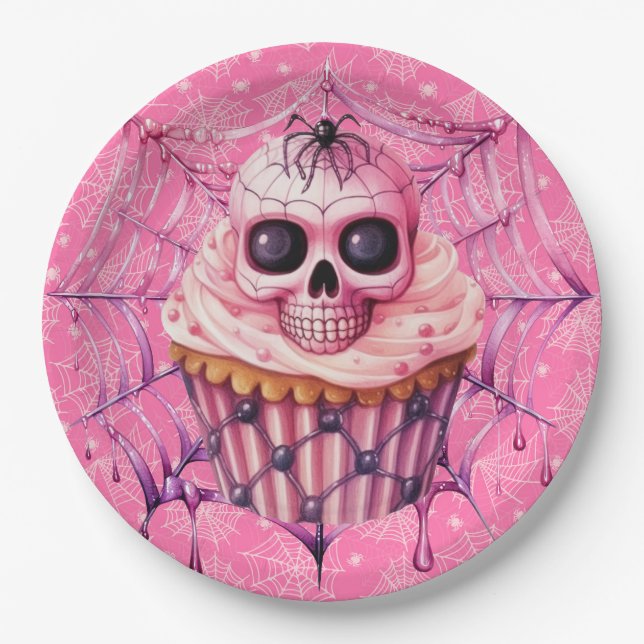 Prato De Papel Teias de Aranha Cor-de-Rosa de Halloween (Frente)