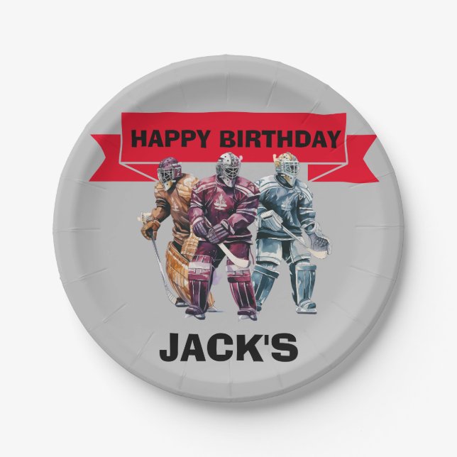 Prato De Papel Tema da Festa de aniversário do jogador de hóquei (Frente)