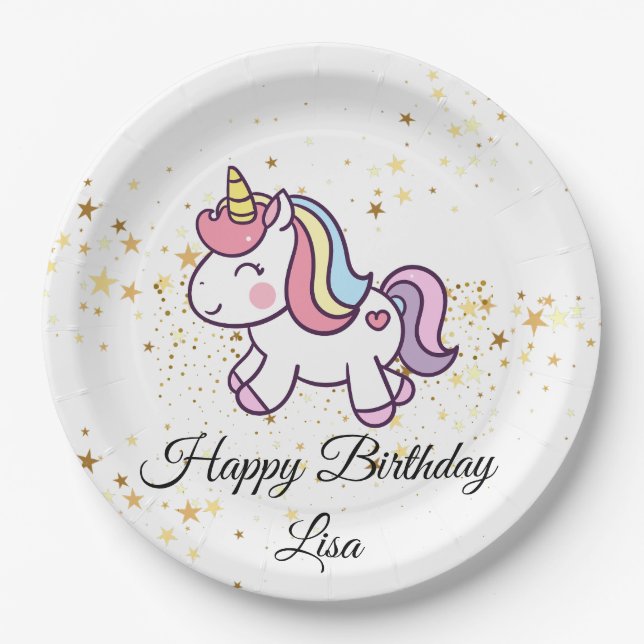 Prato De Papel tema de aniversário unicorn (Frente)