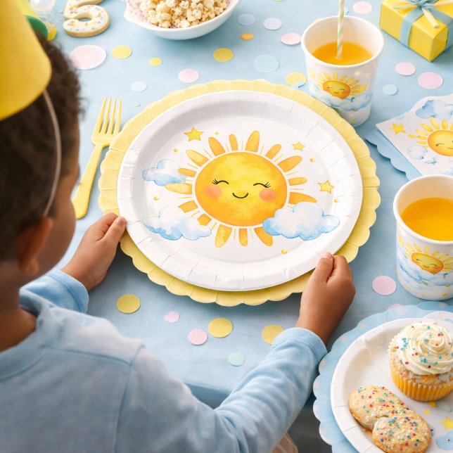 Prato De Papel Tema de Chá de Bebê Sol Sorridente Nuvens Azuis (Criador carregado)