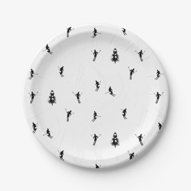 Prato De Papel Tema de esquiadores de esqui preto e branco modern (Frente)