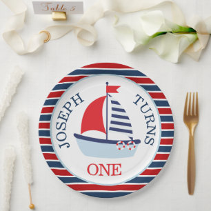 Prato De Papel Tema Fofo de Barco à Vela Náutico