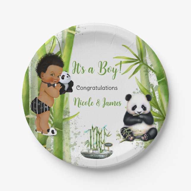 Prato De Papel Tema Panda Bambu Bebê Menino Preto Branco Verde (Frente)