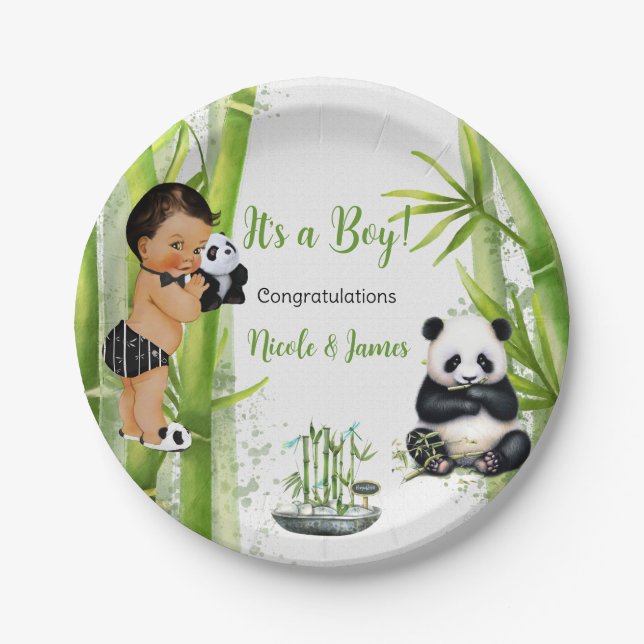 Prato De Papel Tema Panda Bambu Bebê Menino Preto Branco Verde (Frente)