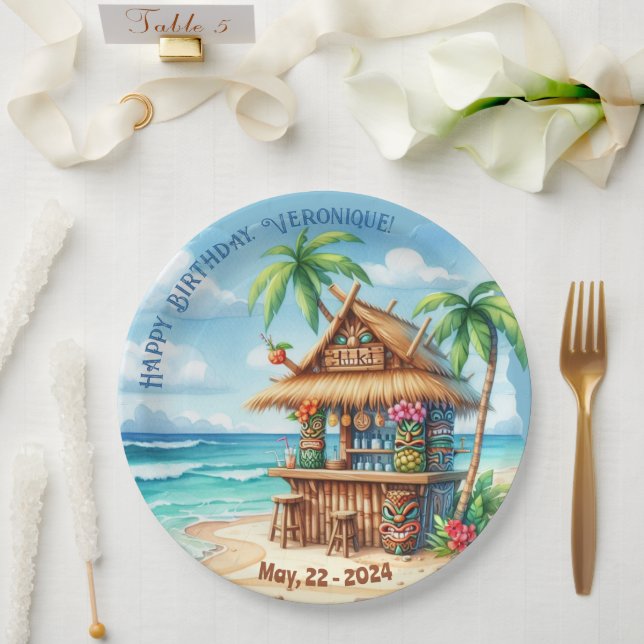 Prato De Papel Tema Tiki Estilo de férias texto personalizado (Casamento)
