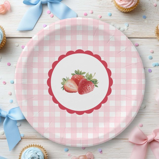 Prato De Papel Tema Xadrez Rosa-Moranguejo  (Pink Gingham with strawberry Paper plate for any party.)