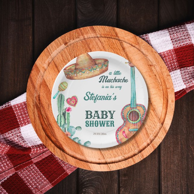 Prato De Papel Templo de chá de fraldas de fiesta pequena muchach (Mexican fiesta little muchacho baby shower template paper plates personalized tableware decor )